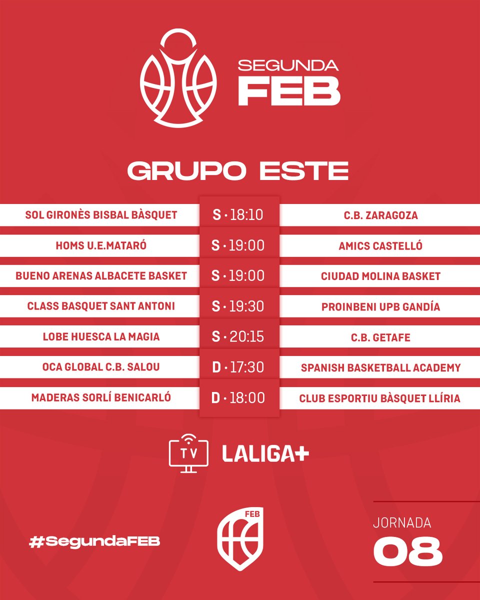 CompeticionFEB's tweet image. 🔴 #SegundaFEB: La 🇯8⃣ llega este sábado para cerrar el primer bloque de competición

▶ Y lo hace con @UPBGandia y @CordobaCB defendiendo sus lideratos 

🕠 Desde las 18:10 h.
📝 bit.ly/3Mh79g3
📊 bit.ly/3JEtbZh
📺 @LaLigaPlus