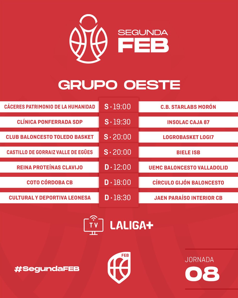 CompeticionFEB's tweet image. 🔴 #SegundaFEB: La 🇯8⃣ llega este sábado para cerrar el primer bloque de competición

▶ Y lo hace con @UPBGandia y @CordobaCB defendiendo sus lideratos 

🕠 Desde las 18:10 h.
📝 bit.ly/3Mh79g3
📊 bit.ly/3JEtbZh
📺 @LaLigaPlus