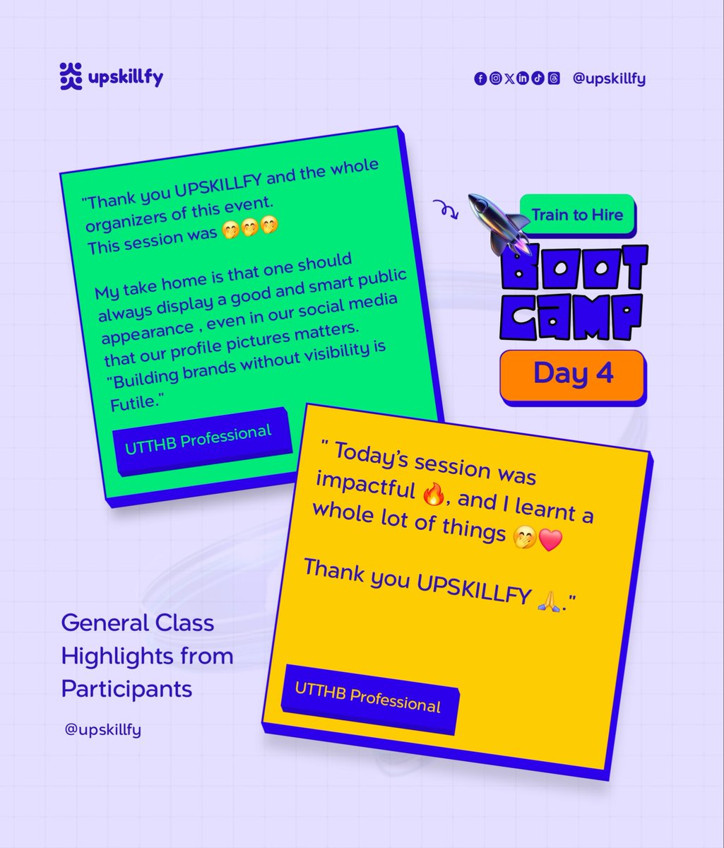 upskillfy's tweet image. Day 4 highlights
Practical lessons. Real growth. More confidence.
Our learners are leveling up fast and the feedback has been wholesome.

The right skills + the right community = unstoppable progress.

Bootcamp continues.

#Upskillfy #Bootcamp #DigitalSkills #TechTraining #Learn