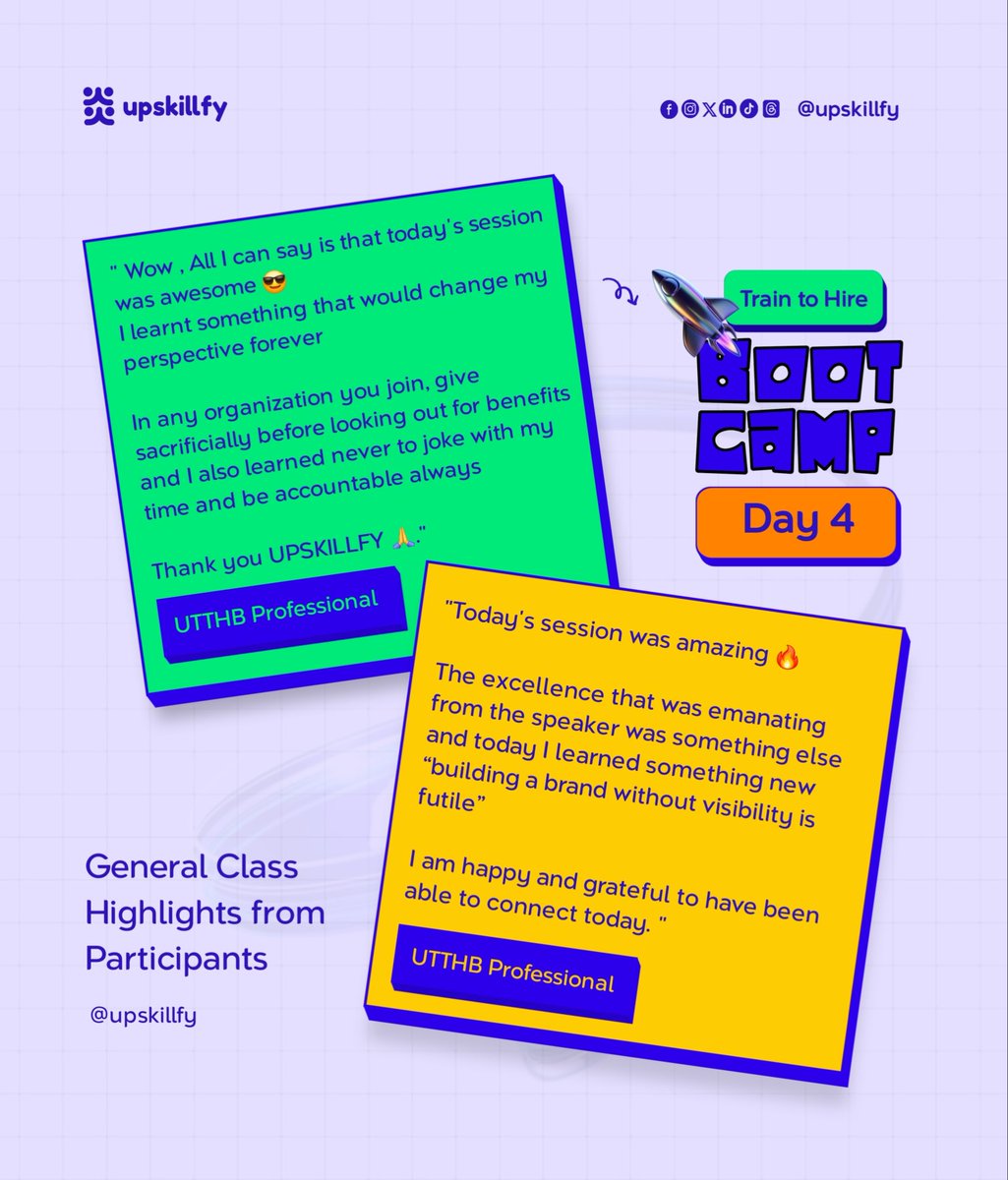 upskillfy's tweet image. Day 4 highlights
Practical lessons. Real growth. More confidence.
Our learners are leveling up fast and the feedback has been wholesome.

The right skills + the right community = unstoppable progress.

Bootcamp continues.

#Upskillfy #Bootcamp #DigitalSkills #TechTraining #Learn