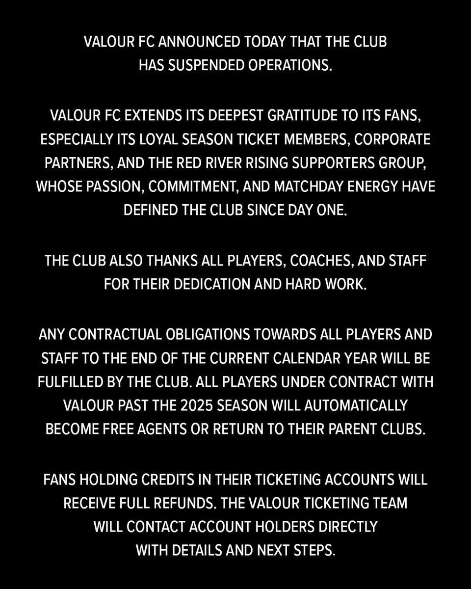 Charron82's tweet image. Triste pour la #cpl #canpl .

Arrivée du @fcsupraquebec en 2026....

Et fin pour le Valour FC.

Le soccer n'aura pas fonctionné à Winnipeg