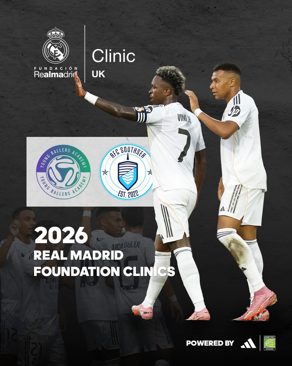REAL MADRID FOUNDATION CLINICS ARE COMING TO PORTSMOUTH - May 2026! 
📢 Act quickly to secure the remaining spots for the Young Ballers Academy &amp; AFC Southsea Real Madrid Foundation Clinic.
U8–U14 can PlayTheRealWay on 📅 26.05.26 
👉 Clinic details: tinyurl.com/4yd7jak9