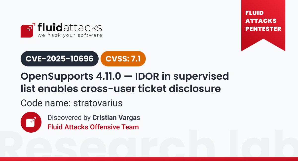 fluidattacks's tweet image. Fluid Attacks&apos; research team found a zero-day vulnerability in OpenSupports. As a #CNA, we assigned the ID CVE-2025-10696. Details here: 🔗 fluidattacks.com/advisories/str…. We have disclosed 208 #CVE to this date: 🔗fluidattacks.com/advisories/.
