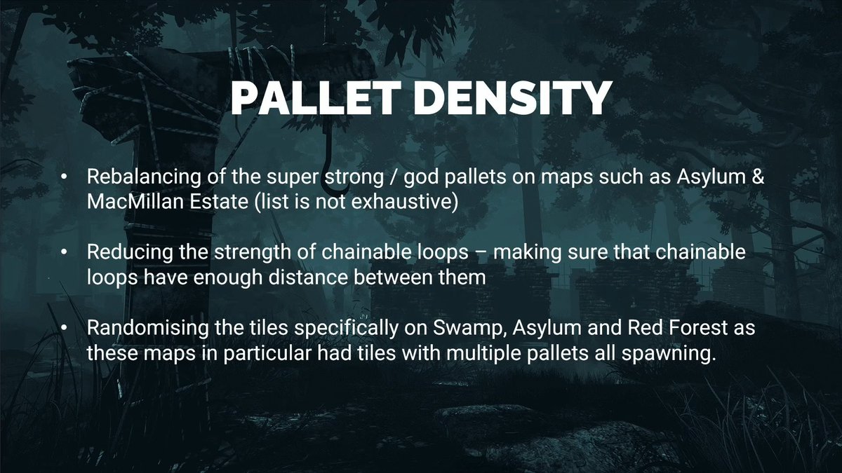 【板(パレット)の仕様が変更】

9.3.0アプデ実装時に以下のように変わるとの事

■内容
・super strong god palletsを再調整
・チェイスループしづらくなるよう間隔を調整
・複数の板密集地帯を改善
└スワンプ、アサイラム、フォレスト等

▼公式配信の新情報まとめ
kamigame.jp/dbd/page/39306… 
#DbD