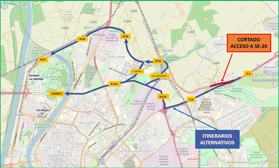 EmergenciasSev's tweet image. Como consecuencia de la obras de repavimentación de la SE-20, que mantiene cortada la misma en su enlace con la A-4 en dirección Sur, se establecen los siguientes itinerios alternativos para el acceso al aparcamiento P7 Norte:
⁠➡️Seguir por la A-4 hasta la Ronda Urbana Norte -…