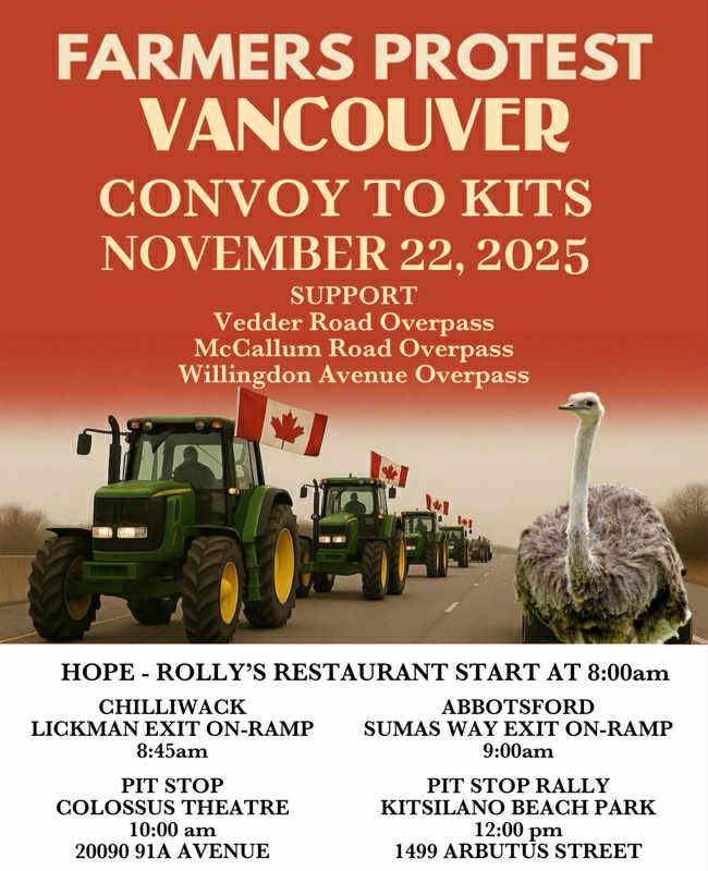 windward_afa's tweet image. 1/ The ostrich cult is convoying into Vancouver and rallying at Kits Beach on Saturday, ostensibly in support of farmers.

8AM: Hope
9AM: Abbotsford
10AM: Langley
12PM: Arrive at the Kits Beach parking lot