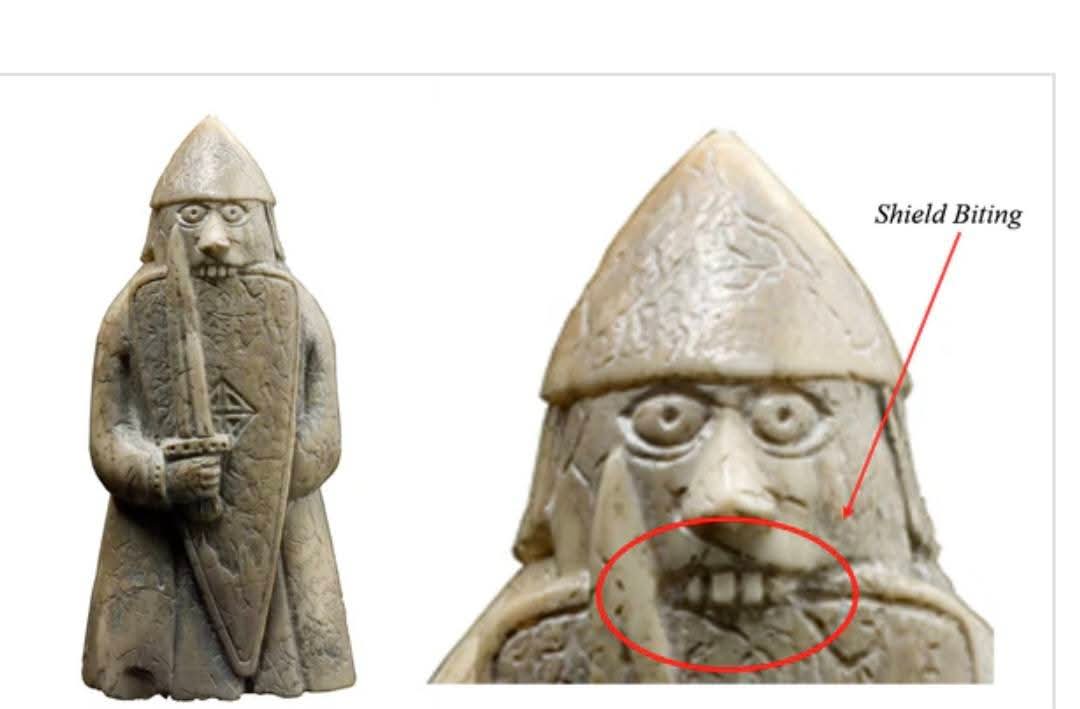 He went berserk!!! We know this ivory chess piece is a berserker because sagas describe these warriors biting their shields as they entered their battle-frenzy. The name comes from Old Norse berserkr, meaning either “bear-shirt” or “bare-shirt,” a fighter who charged with wild,