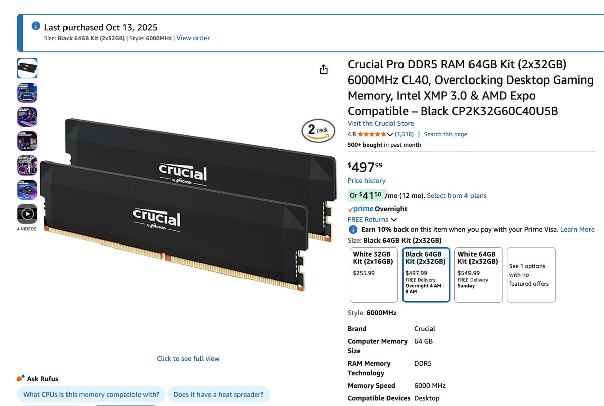 theo's tweet image. I knew the memory pricing thing was bad but, like, wtf??

I bought 64gb of ram 4 weeks ago for $240.

Same kit right now is $498.