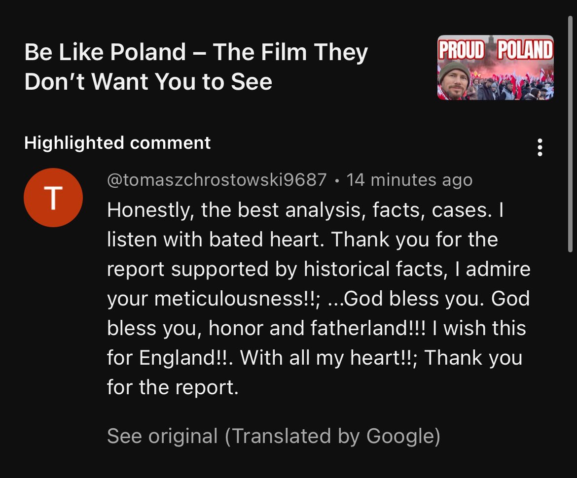 Latest comment on my latest video on Poland.  It was written in Polish but thankfully it was translated.  Be like Poland 🇵🇱