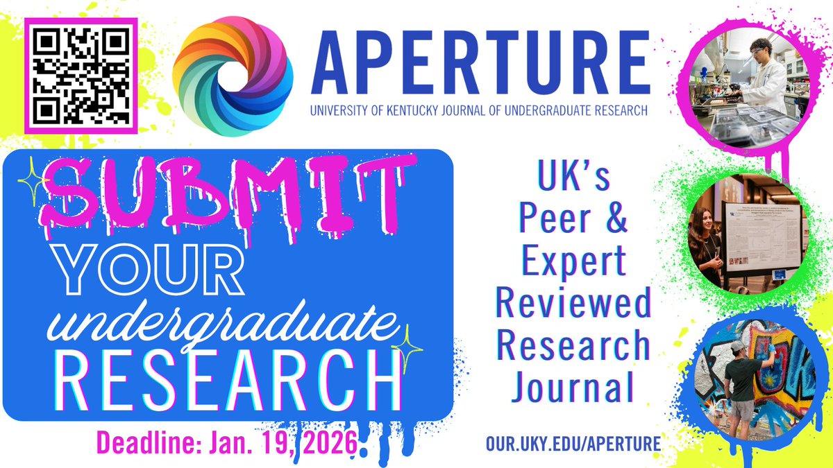 UKUGR's tweet image. 🚨 SUBMISSION PORTAL IS OPEN 🚨

✨ Do you have a project or paper you are really proud of? Submit it for publication in UK’s Undergraduate Research Journal! 

Check out ➡️ our.uky.edu/aperture 

‼️ Deadline: Jan. 19, 2026 

#ukyaperture #ukyundergradresearch