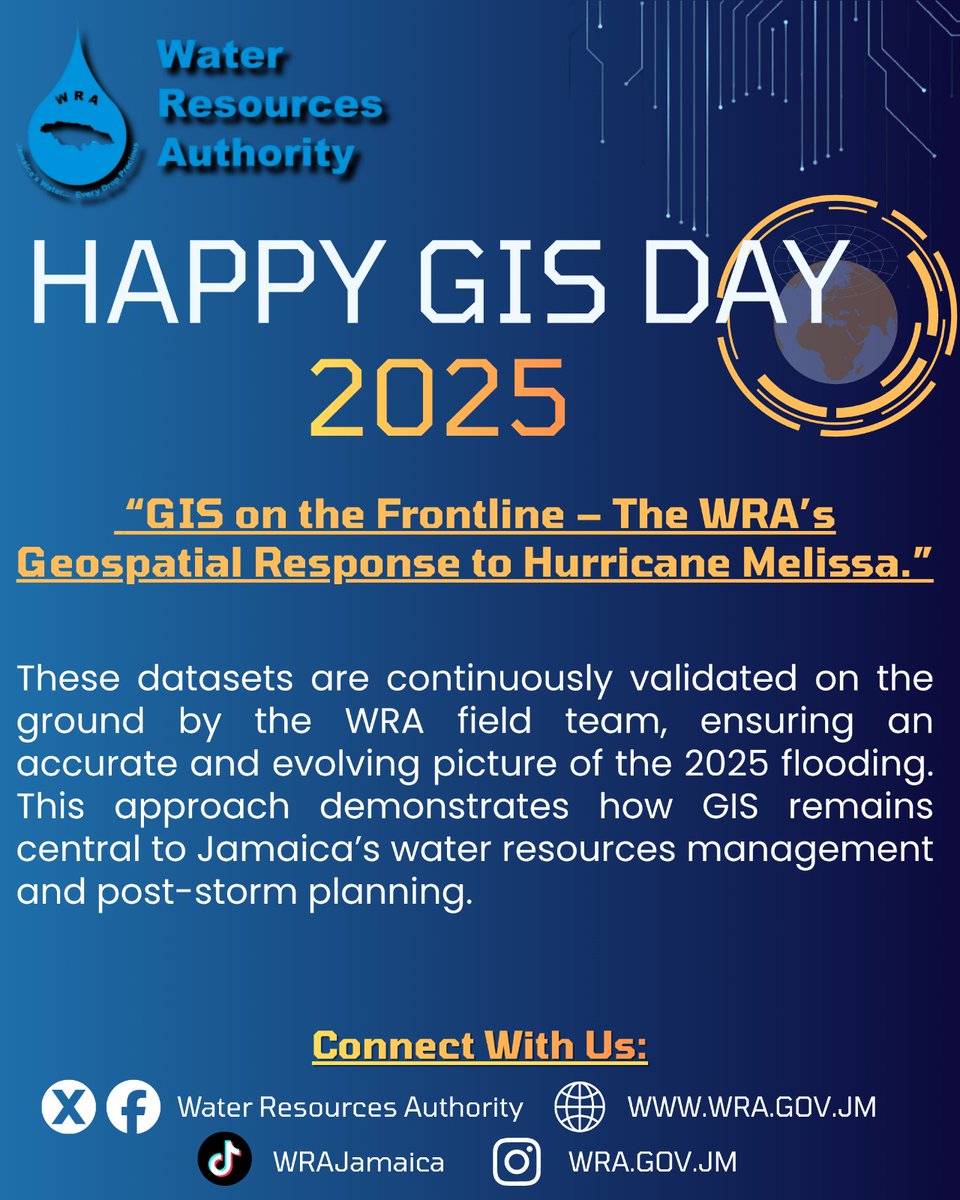 GIS continues to play a key role in our response to Hurricane Melissa, supporting forecasting, field assessments and flood mapping across affected communities.

#GIS #JamaicaGIS #HurricaneMelissa #FloodMapping #RemoteSensing #WaterManagement #WRA
