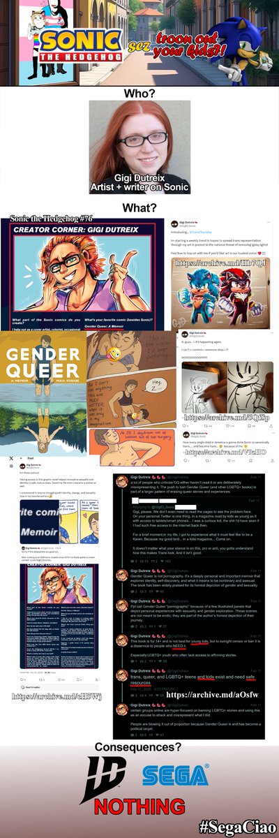 PunishedKaito's tweet image. Although #TransAwarenessWeek is over, it&apos;s never too late to remind people that the same non-binary artists who celebrated Charlie Kirk&apos;s m*rder also guide kids towards transgenderism in the official Sonic comic. SEGA didn&apos;t care - Gigi went right to helping on #TailsTube.