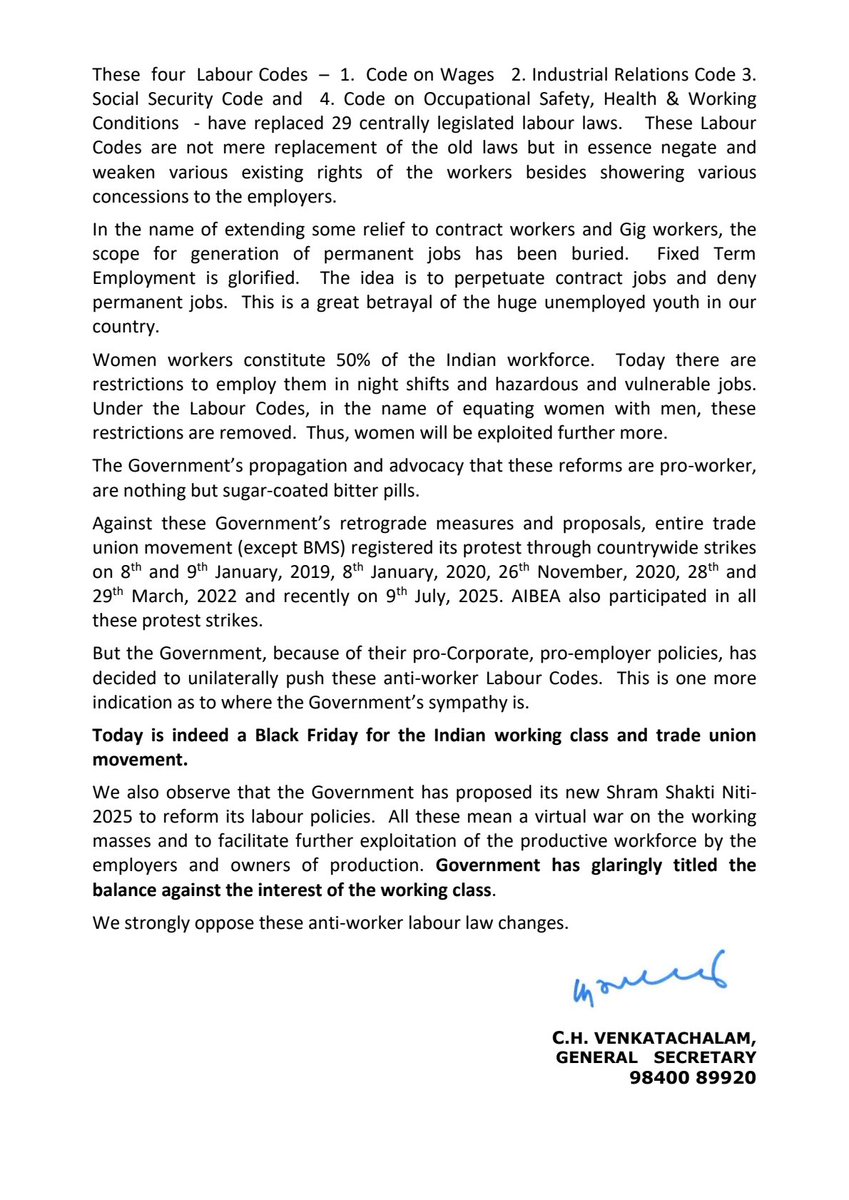 ChVenkatachalam's tweet photo. #AIBEA PRESS RELEASE: A Black Friday for the working class  Government has announced its decision to implement the 4 Labour Codes. https://t.co/PaKkl8TuBS