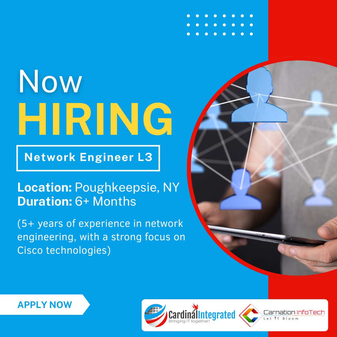Int_Cardinal's tweet image. #WeAreHiring

Network Engineer L3
Location: Poughkeepsie, NY
Duration: 6+ Months
Exp: 5+ years of experience in network engineering, with a strong focus on Cisco technologies.

To apply, email your CV to puneet.tiwari@cardinaltsinc.net

#techroles #newjobalert