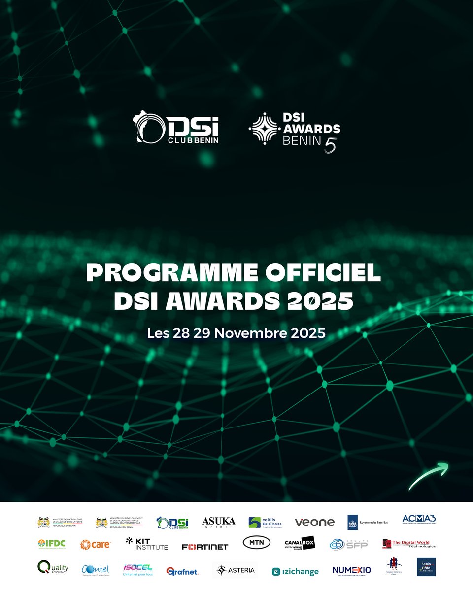 clubdsibenin's tweet image. le programme officiel des DSI Awards 2025 est enfin connu!
Du 28 au 29 novembre 2025, les DSI Awards reviennent avec une édition résolument tournée vers l’#agritech, la data, l’IA et les innovations qui transforment le Bénin.
#DSIAwards2025 #BeninDigital #TechAfricaine #Panels