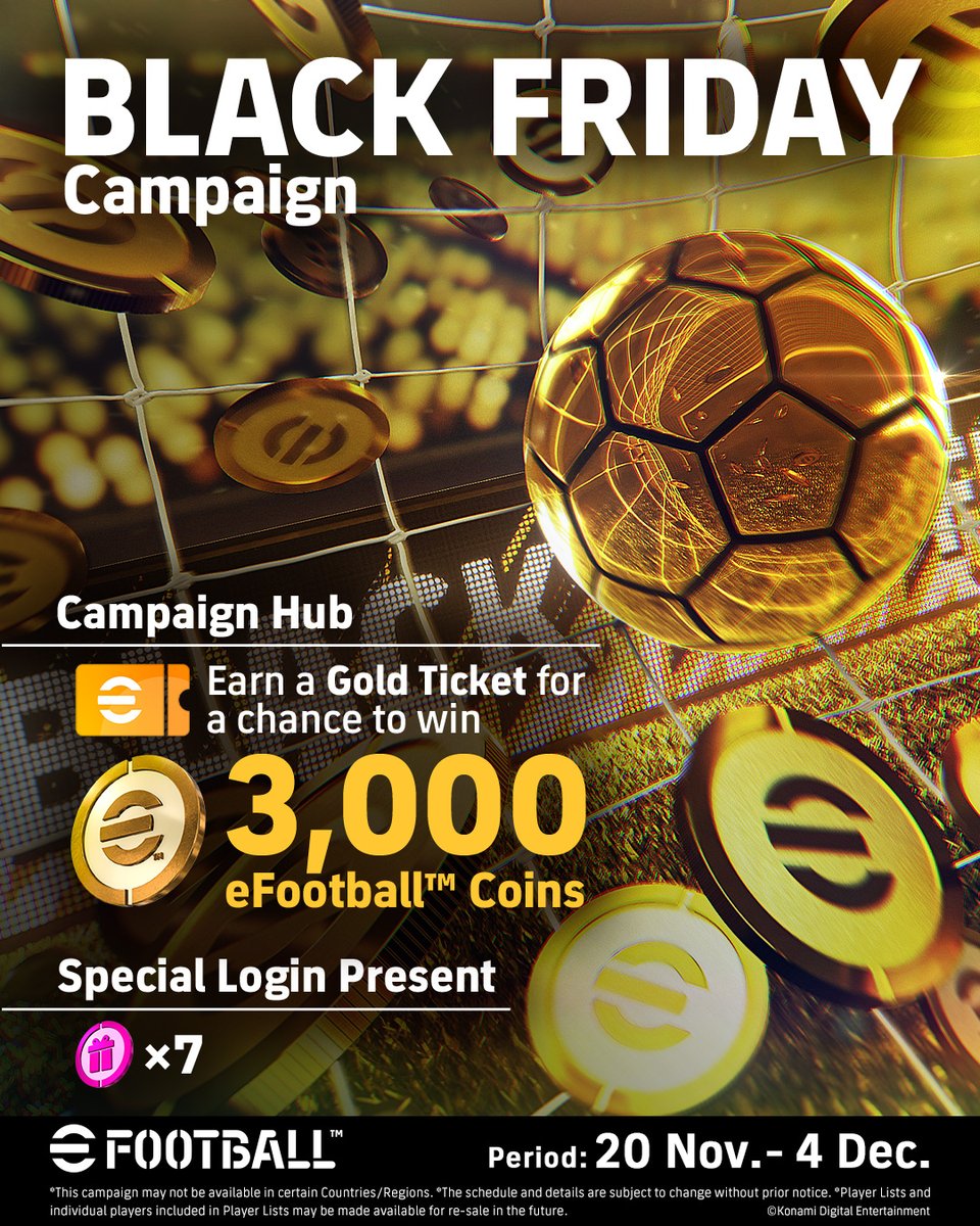 A CAMPANHA DA BLACK FRIDAY JÁ COMEÇOU 🎉

A partir de hoje, cumpra as condições para ter a chance de ganhar até 3.000 eFootball™ Coins 🔥

Além disso, você pode obter a coreografia original do lançamento do "Big Legend"!

Participe da campanha agora mesmo 💨