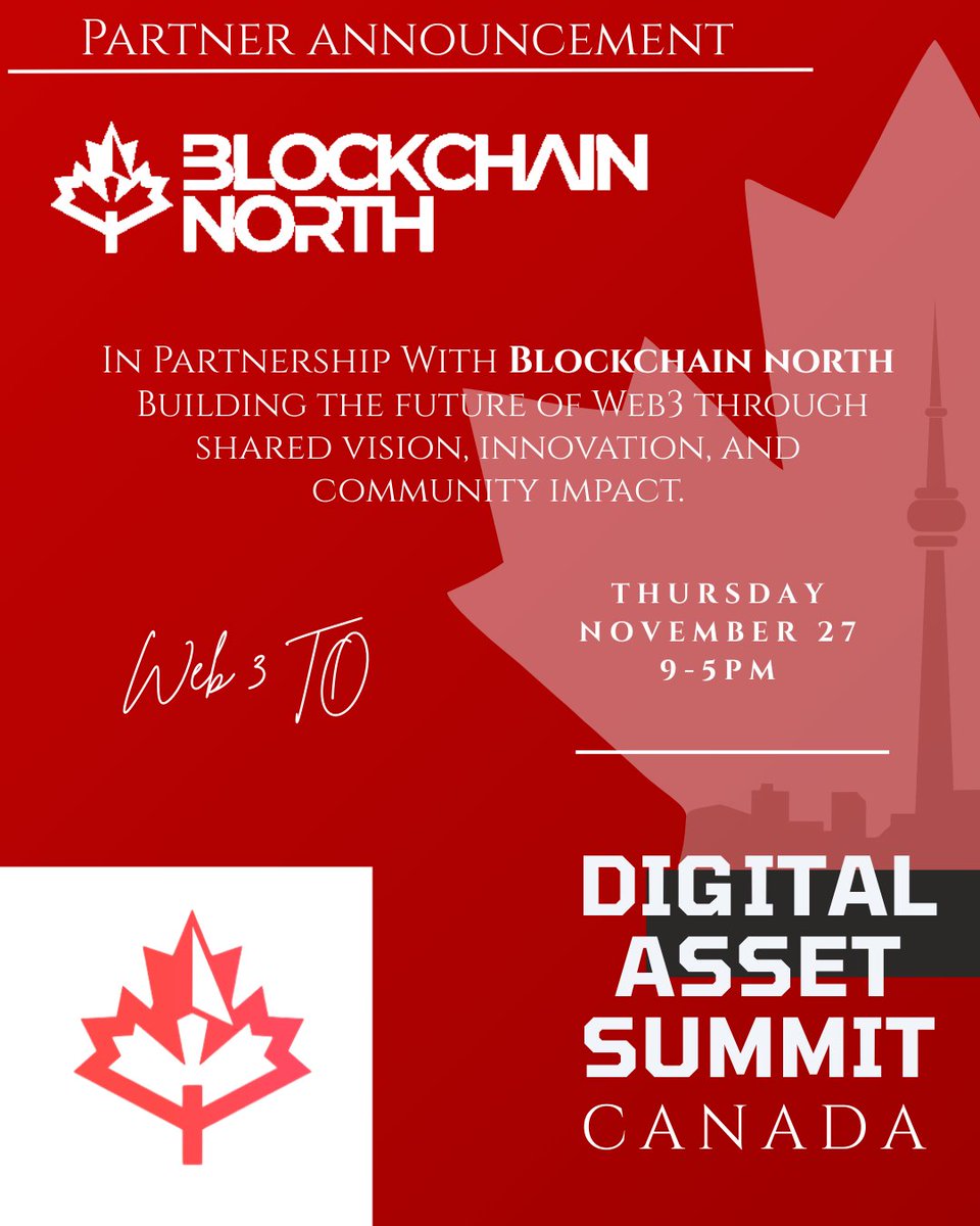 Web3To's tweet image. 🤝 Partner Announcement: 

@BlockchaiNorth  joins Digital Asset Summit Canada as Partner! 

 One week to go—let’s amplify the conversations that move Canada’s digital asset ecosystem. ⚡  

🎟️ Get tickets before it’s too late:        digitalassetsummit.ca
