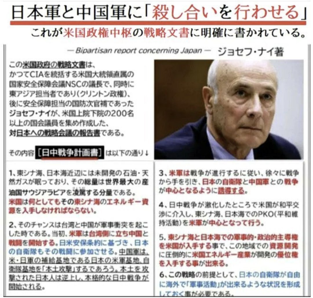 kon1316's tweet image. 第2のウクライナ？
日本軍と中国軍に「殺し合いを行わせる」
#CSIS ジョセフ・ナイ
#米国戦争屋の支配下日本