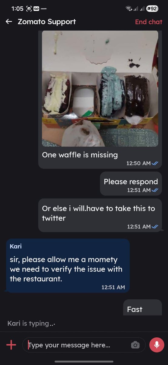 Chetanyadav2196's tweet photo. @zomatocare @zomato 

Order id : 7505191320

One waffle was missing from my order and the restaurant denied and lied that they placed all the waffles, and your customer care agent believes the verbal testimony of the restaurant.

So what about the Gold customer is he a lie? https://t.co/rLfexsD5LP
