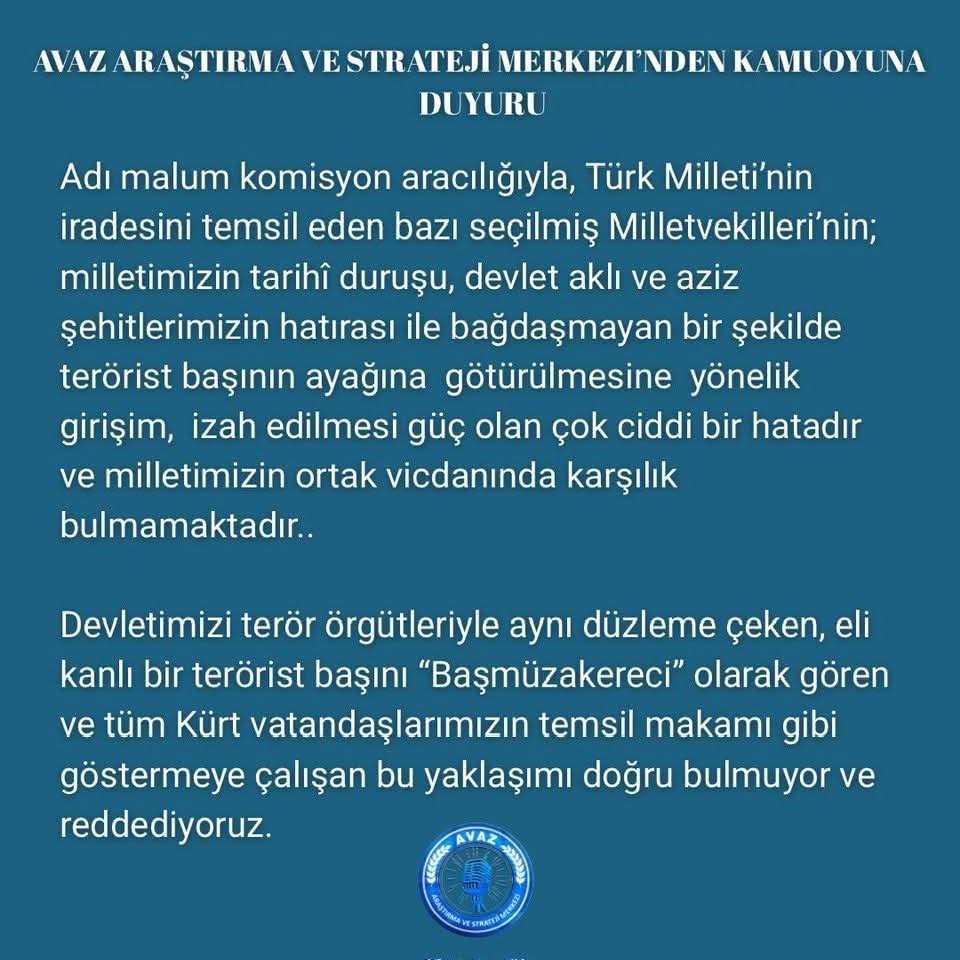 tlybkdgd's tweet image. #AVAZ Araştırma ve Strateji Merkezi ;Genel Başkanı #ŞerafettinDeniz bey  ve, #Avaz Ailesi..
Kamuoyuna Duyuru:
P E S   E T M E Y E C E Ğ İ Z.!!!

Milletin 🇹🇷 Avaz&apos;ı
@sdeniz13 @AvazStrateji  @AvazIstanbul 
#Çözümsüreci #SalınGitsin!