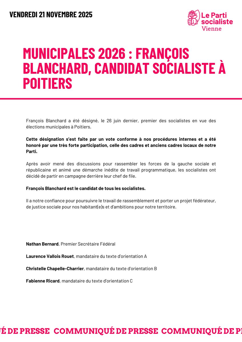 🟣 Communiqué

Le Parti socialiste de la Vienne apporte son soutien à la candidature de <a href="/FraBlanchard/">François Blanchard</a> en vue des élections municipales à Poitiers.