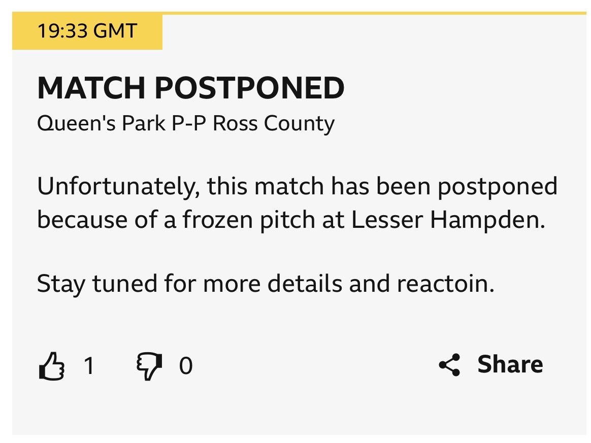 A brand new stadium, a brand new pitch and yet the game’s off. And on top of that not enough space for away fans. What did Queen’s Park spend £5m last year? Club is becoming a joke.