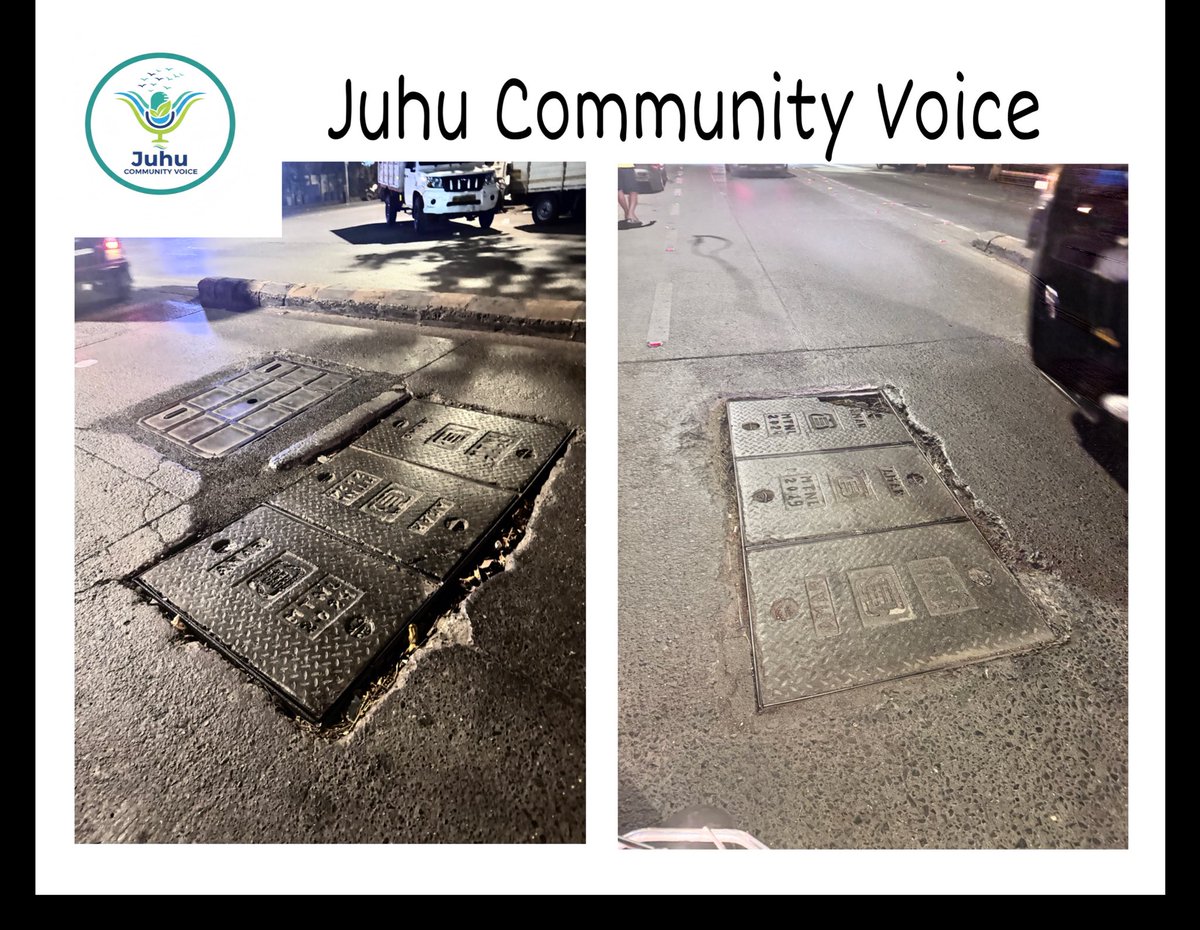 JuhuVoice's tweet photo. “Damaged manhole on St. N.S. Road No. 13 (Ward 69) lying unrepaired for 1 month. Big risk for two-wheelers. Requesting urgent repair. @mybmc @mybmcwardKW  @renu_hansraj  @AmeetSatam  @SrBachchan https://t.co/zdMBemYxvX