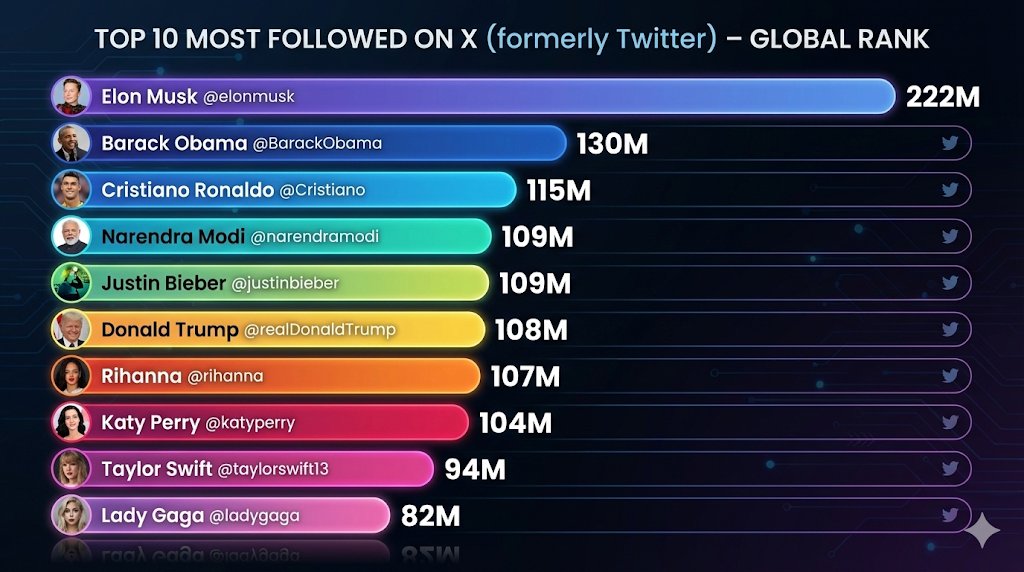 rkjat65's tweet image. The follower Olympics on X are WILD.
Elon is doing warp-speed numbers at 222M 🤯
Obama, Ronaldo, Modi, Bieber &amp;amp; Trump all battling in the 100M+ league…
Pop stars aren’t far behind either.
This isn’t a leaderboard — it’s a digital galaxy.
#XStats #dataanalytics