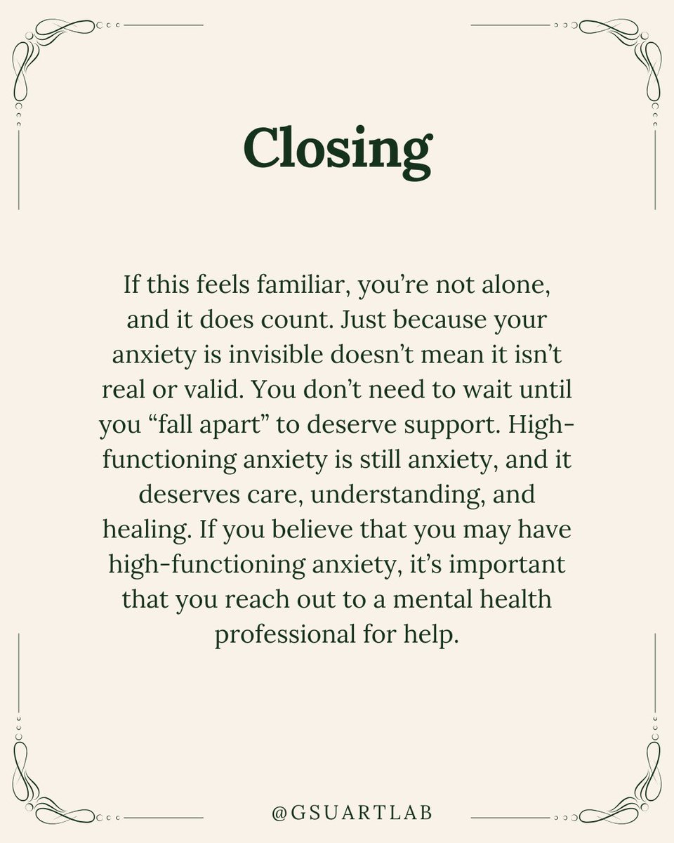 GSUARTLab's tweet image. Read here to learn more about High Functioning Anxiety. #mentalhealth #mentalwellbeing #anxietysupport #anxiety