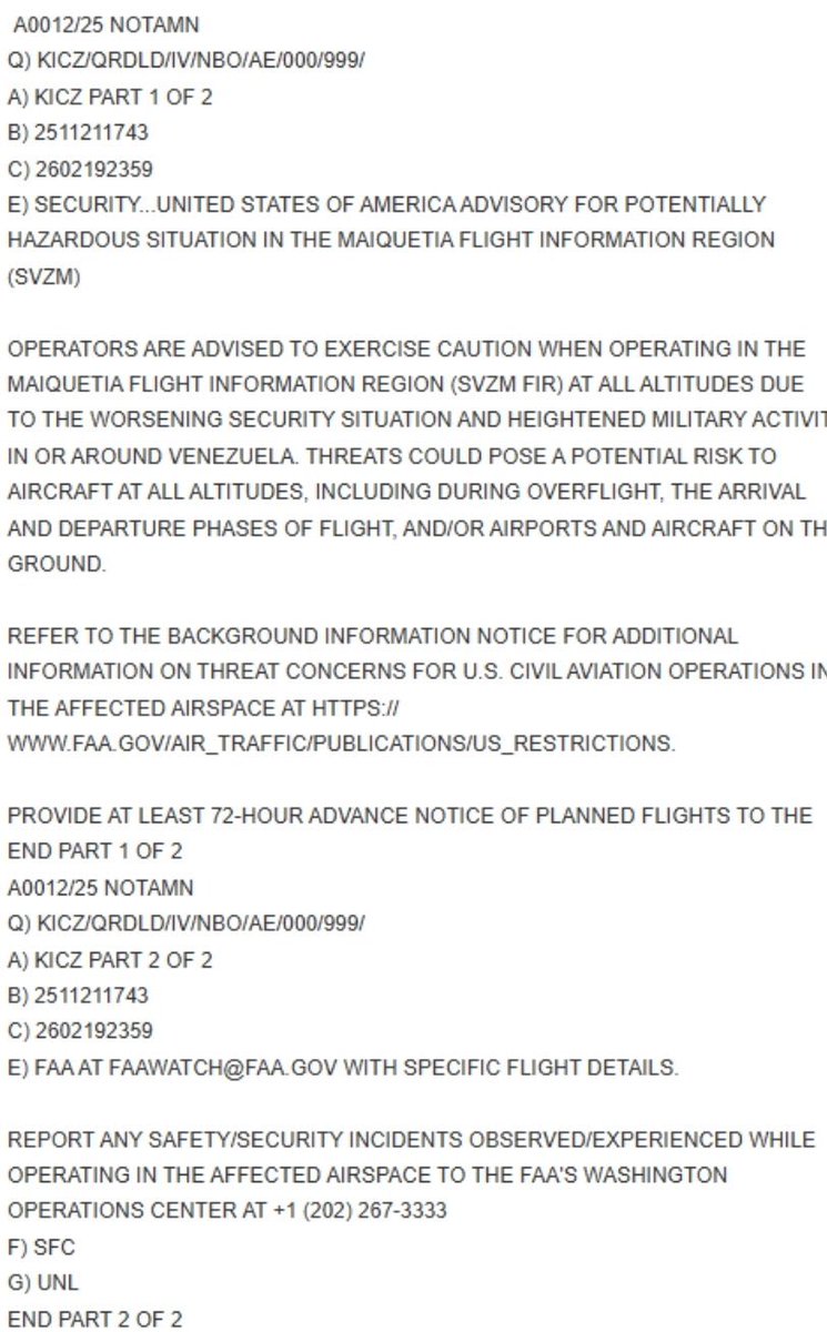 #URGENTE | EEUU emite alerta aérea para toda la MIR Maiquetía (toda Venezuela y parte del Caribe), citando un riesgo potencial para las aeronaves y un deterioro de la situación de seguridad.