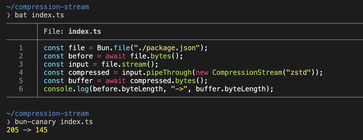 nektro's tweet image. In the next version of Bun,

CompressionStream and DecompressionStream are now supported and expose compression to Web Streams. The gzip, deflate, deflate-raw, brotli, and zstd formats are available.