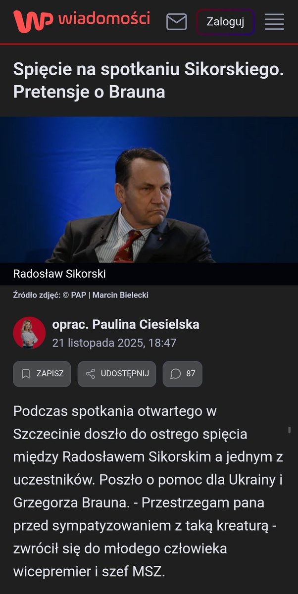 Slawomir_Ozdyk's tweet photo. 🟥 Podczas spotkania na @USzczecinski Minister @MSZ_RP @radeksikorski określił posła @GrzegorzBraun_ mianem "kreatury", co stanowi wypowiedź o jednoznacznie pejoratywnym charakterze i pozostaje w dysonansie z deklarowanym sprzeciwem wobec agresywnej retoryki w życiu publicznym. 

Jak Państwo oceniają taką formę ekspresji przedstawiciela najwyższej dyplomacji państwowej???

👇
https://t.co/aBgU60kdhH