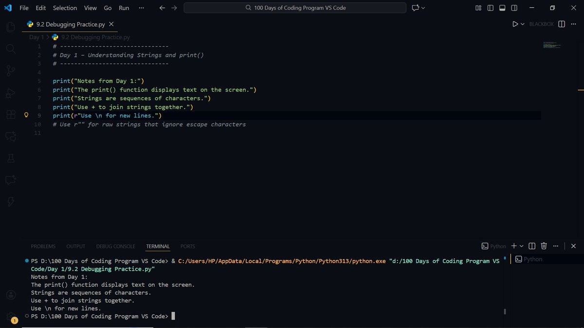 ahmad_logiccode's tweet image. [Python] Day 1 of my #100DaysOfCode journey
Learning the Core Concepts
• Printing output
• Commenting for clarity
• String manipulation &amp;amp; variables 
• Debugging common errors

The session ends with a practical mini project — Band Name Generator.

#Python #CodingJourney