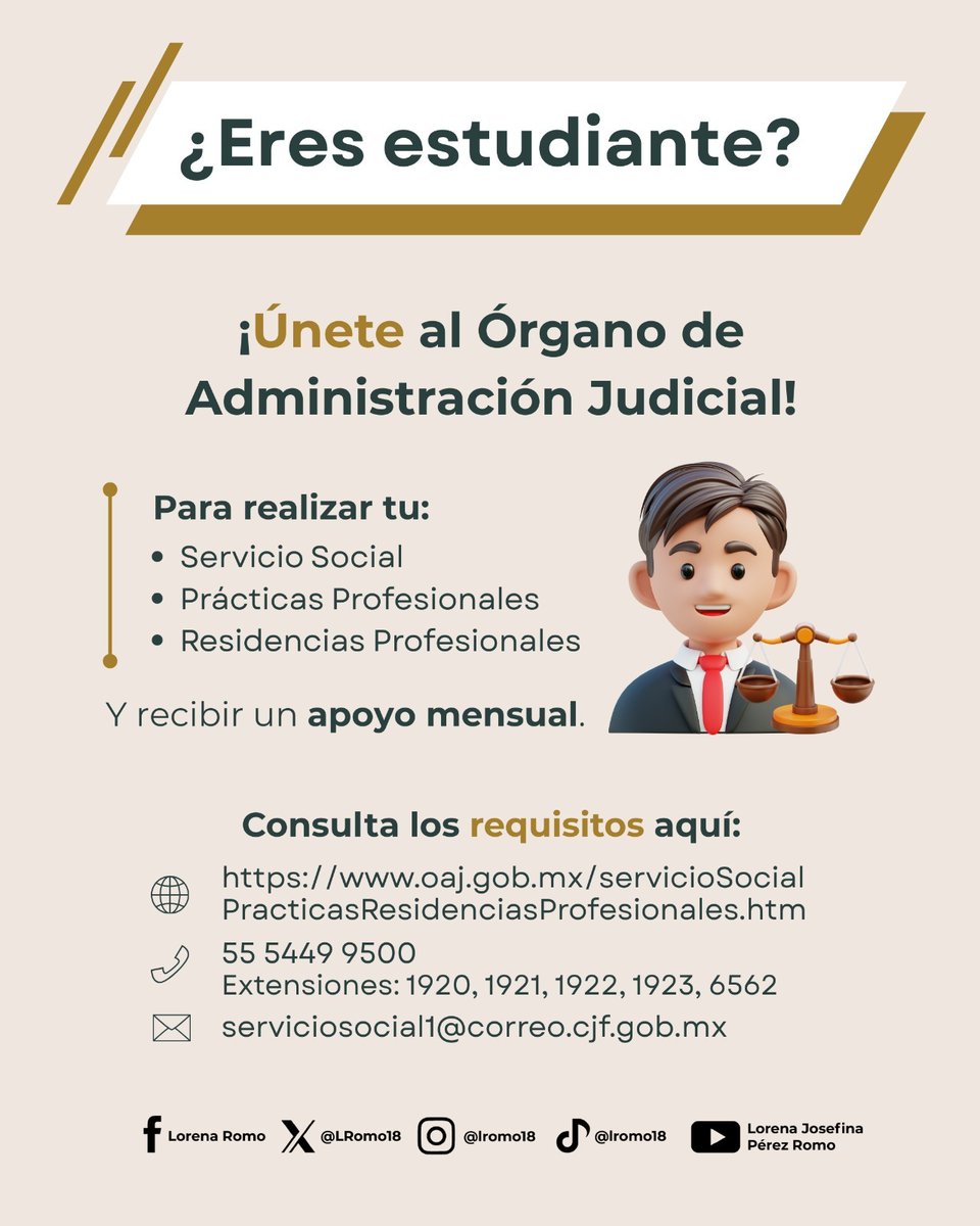 🧒🏻👩🏻‍🦰 ¿Estudias y quieres realizar tu servicio social, prácticas o residencias profesionales en el <a href="/OAJ_Mex/">OAJ</a>❓
🔎 Consulta los requisitos aquí: oaj.gob.mx/servicioSocial…
📞 Información: 55 5449 9500, extensiones 1920, 1921, 1922, 1923 y 6562.
<a href="/SCJN/">Suprema Corte</a> <a href="/tdjmex/">Tribunal de Disciplina Judicial</a> <a href="/TEPJF_informa/">Tribunal Electoral del PJF</a> <a href="/imjuvemx/">imjuvemx</a>