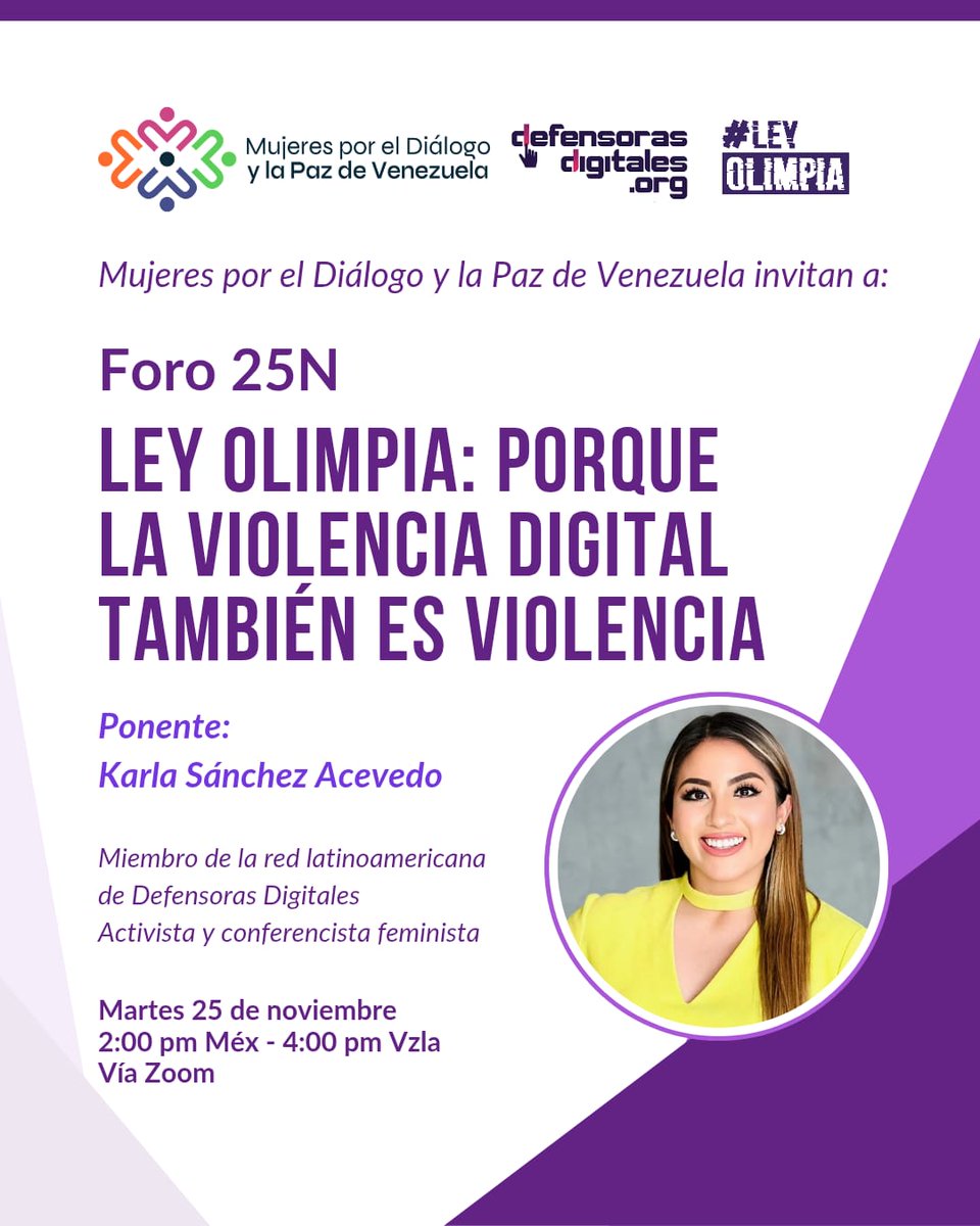 Mujeres por el Diálogo y la Paz de Venezuela te invitan este #25N a una conversación imprescindible junto a <a href="/karlis_sanchez/">Karla Sánchez Acevedo</a>, miembro de la red Defensoras Digitales 

¡Te esperamos para seguir construyendo entornos digitales libres de violencia!
🔗bit.ly/44pxxKV