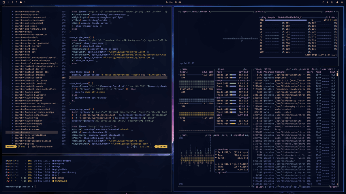 dhh's tweet image. Omarchy 3.2 is out! @mitchellh&apos;s Ghostty is the new default terminal, @tobi&apos;s Try is included, new stable mirror/pkg repo, TUI for bluetooth, two new themes, visual theme picker, and SO MUCH MORE! github.com/basecamp/omarc…