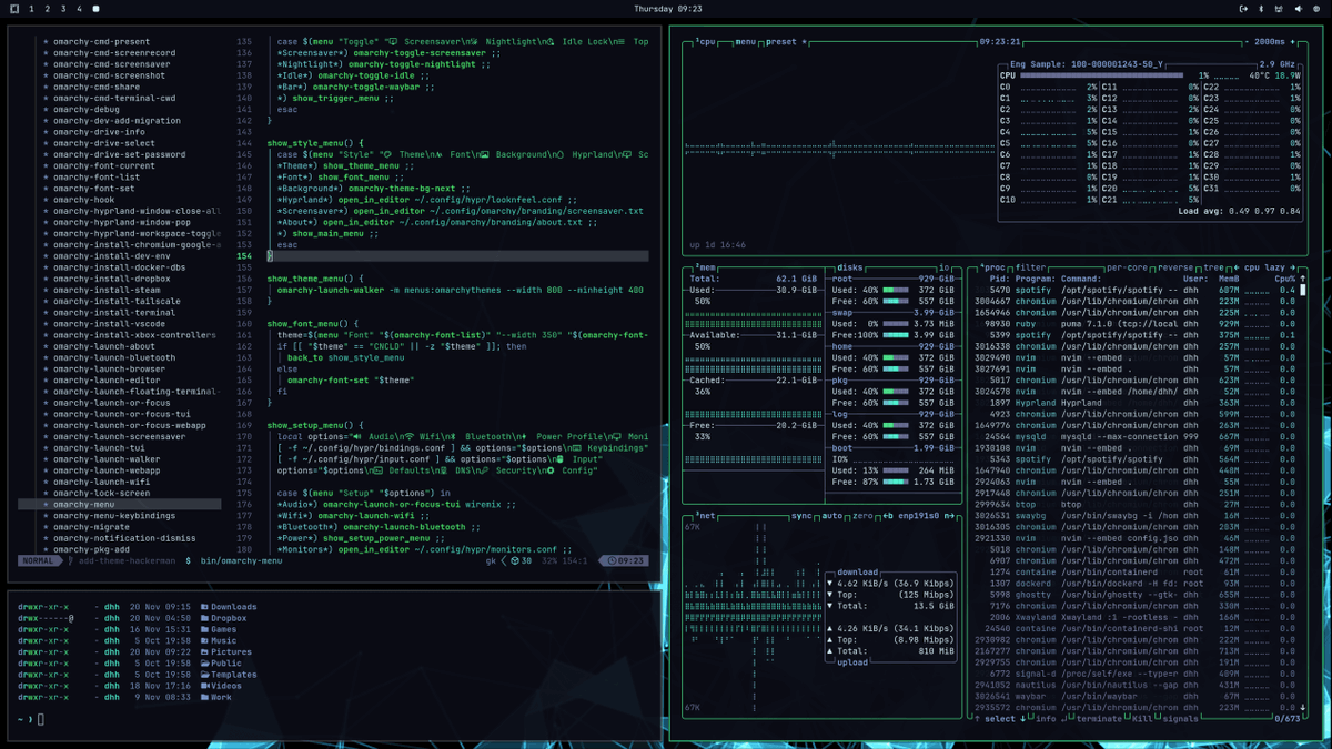dhh's tweet image. Omarchy 3.2 is out! @mitchellh&apos;s Ghostty is the new default terminal, @tobi&apos;s Try is included, new stable mirror/pkg repo, TUI for bluetooth, two new themes, visual theme picker, and SO MUCH MORE! github.com/basecamp/omarc…