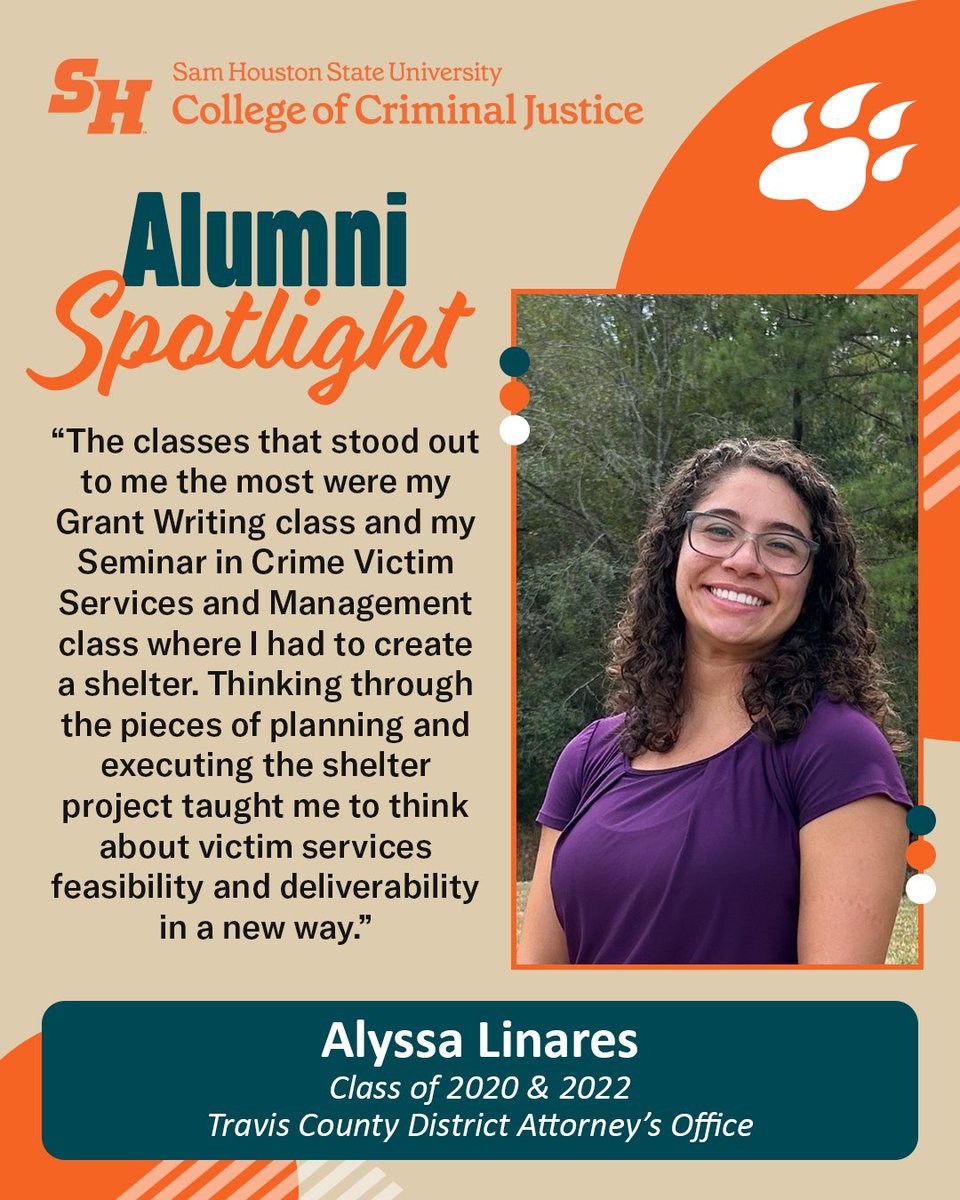 SHSUCJ's tweet image. #AlumniSpotlight: Alyssa Linares is a two-time SHSU graduate holding a BS in Victim Studies and an MS in Victim Services Management. Linares currently serves as the planner and grants manager for the Travis County District Attorney&apos;s Office.

#SHSUCJ