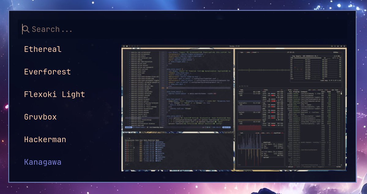 dhh's tweet image. Omarchy 3.2 is out! @mitchellh&apos;s Ghostty is the new default terminal, @tobi&apos;s Try is included, new stable mirror/pkg repo, TUI for bluetooth, two new themes, visual theme picker, and SO MUCH MORE! github.com/basecamp/omarc…