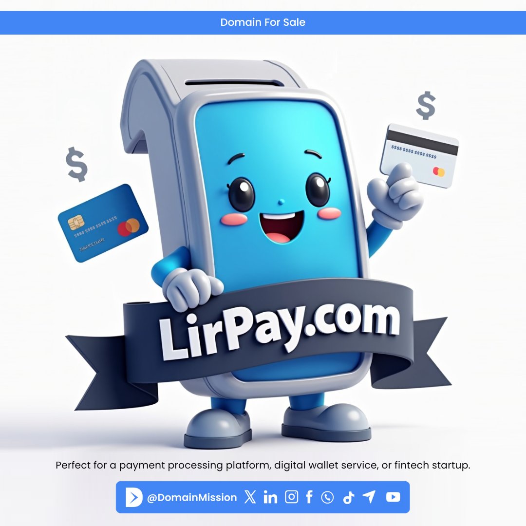 DomainMission's tweet image. 💡 LirPay.com 💳
A modern, easy-to-remember domain ideal for the fintech industry, payment processing services, digital wallets, and POS terminal integration.

#PaymentProcessing 
#DigitalPayments 
#DomainForSale 
#DigitalWallet 
#TechStartup 
#Fintech 
#Fintech