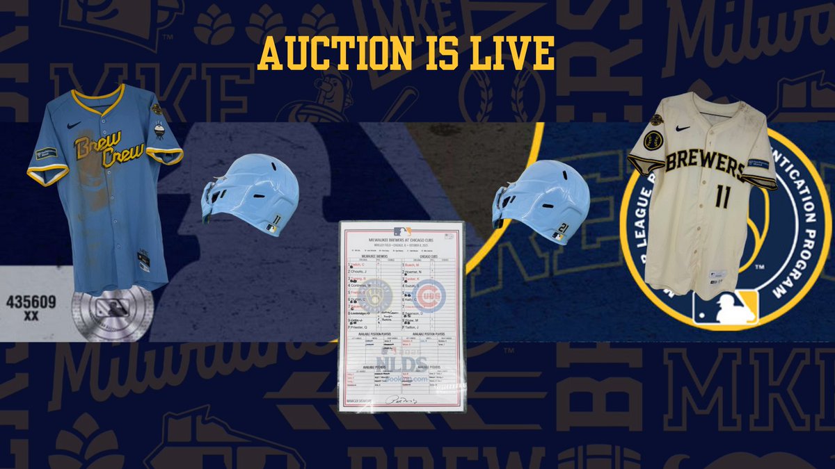 📢Our auction kicks off at 6 PM sharp—don't miss your chance to be part of the action!📢

Up for auction are exclusive GU jerseys from stars Chourio and Frelick, along with authentic helmets used by Chourio and Durbin. You can also bid on NLDS lineup cards, baseballs, and even a