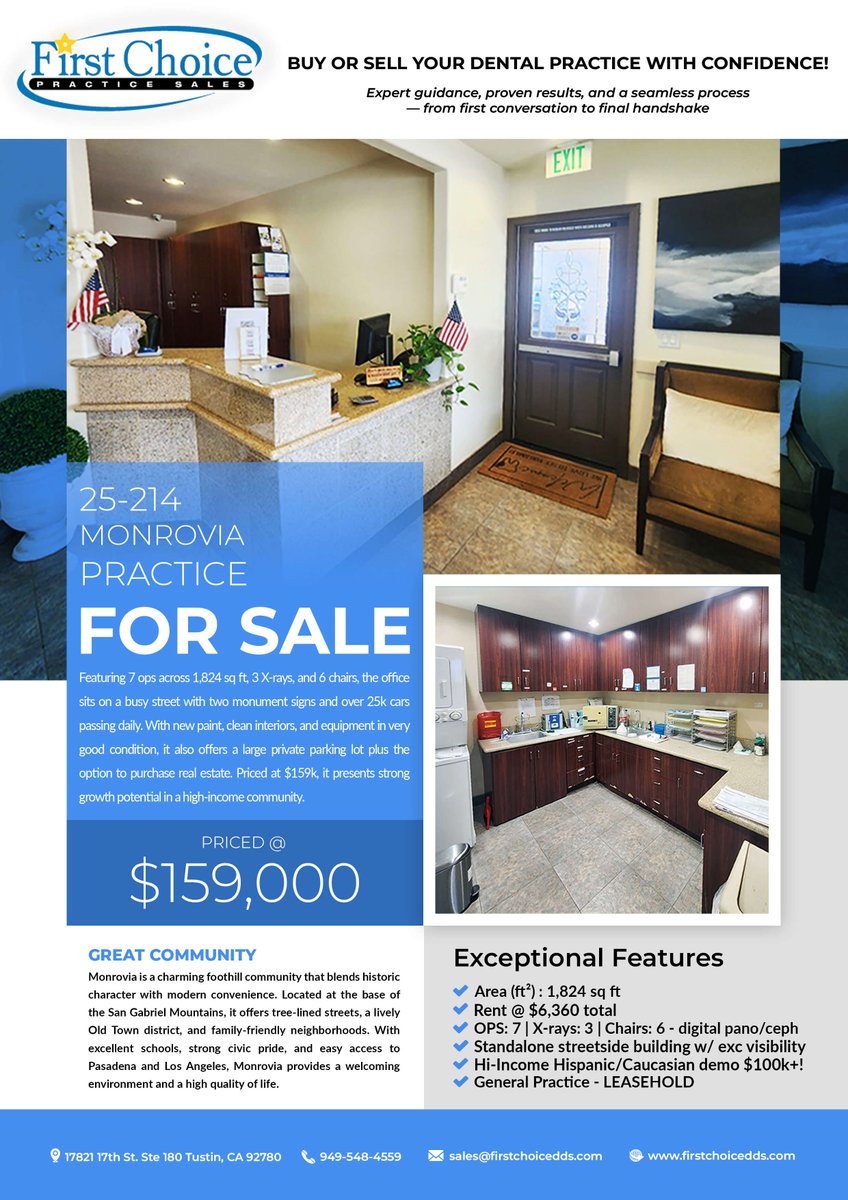 FirstChoicePS's tweet image. 🦷 For Sale: Monrovia Dental Practice

7 ops • 6 chairs • 3 X‑rays • Digital Pano/Ceph • Updated interiors • Stand‑alone building w/ parking • Monument signage + 25K cars/day visibility • Real estate option

💰 Asking: $159K
📍 Prime San Gabriel Valley location

👉…