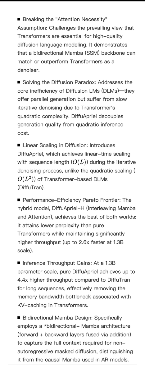 fly51fly's tweet image. [LG] Breaking the Bottleneck with DiffuApriel: High-Throughput Diffusion LMs with Mamba Backbone
V Singh, O Ostapenko, P Noël, T Scholak [Mila – Quebec AI Institute &amp;amp; ServiceNow Research] (2025)
arxiv.org/abs/2511.15927