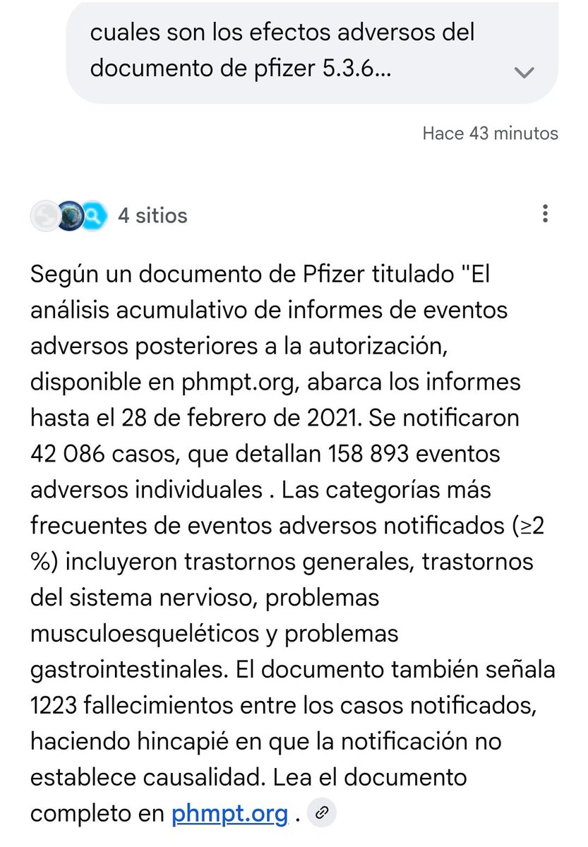 Le pregunto a la IA por los ef adv de la 💉PIZER y me dice que na, dolor de cabeza y poco más
share.google/aimode/Y8WIQAo…
Quiero que me dé el PDF que tuvo que publicar PFIZER de ef Adv recibidos a 28/02/2021

Y me contesta:
1223 muertos🤯
158.893 ef advers 🤯
share.google/aimode/Hw2lhzu…