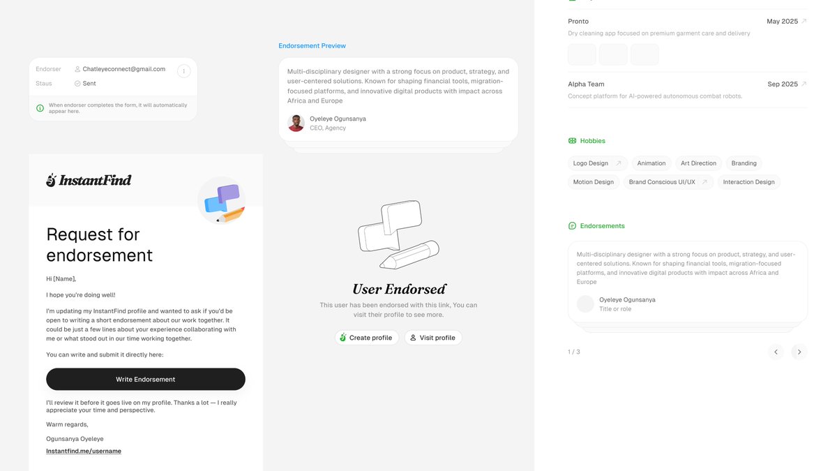 Tomorrow, you will be able to request endorsements from superiors and colleagues and display them on your <a href="/Instant_find/">Instant Find</a> profile.

<a href="/meandchimso/">Munachimso</a> has finished work!