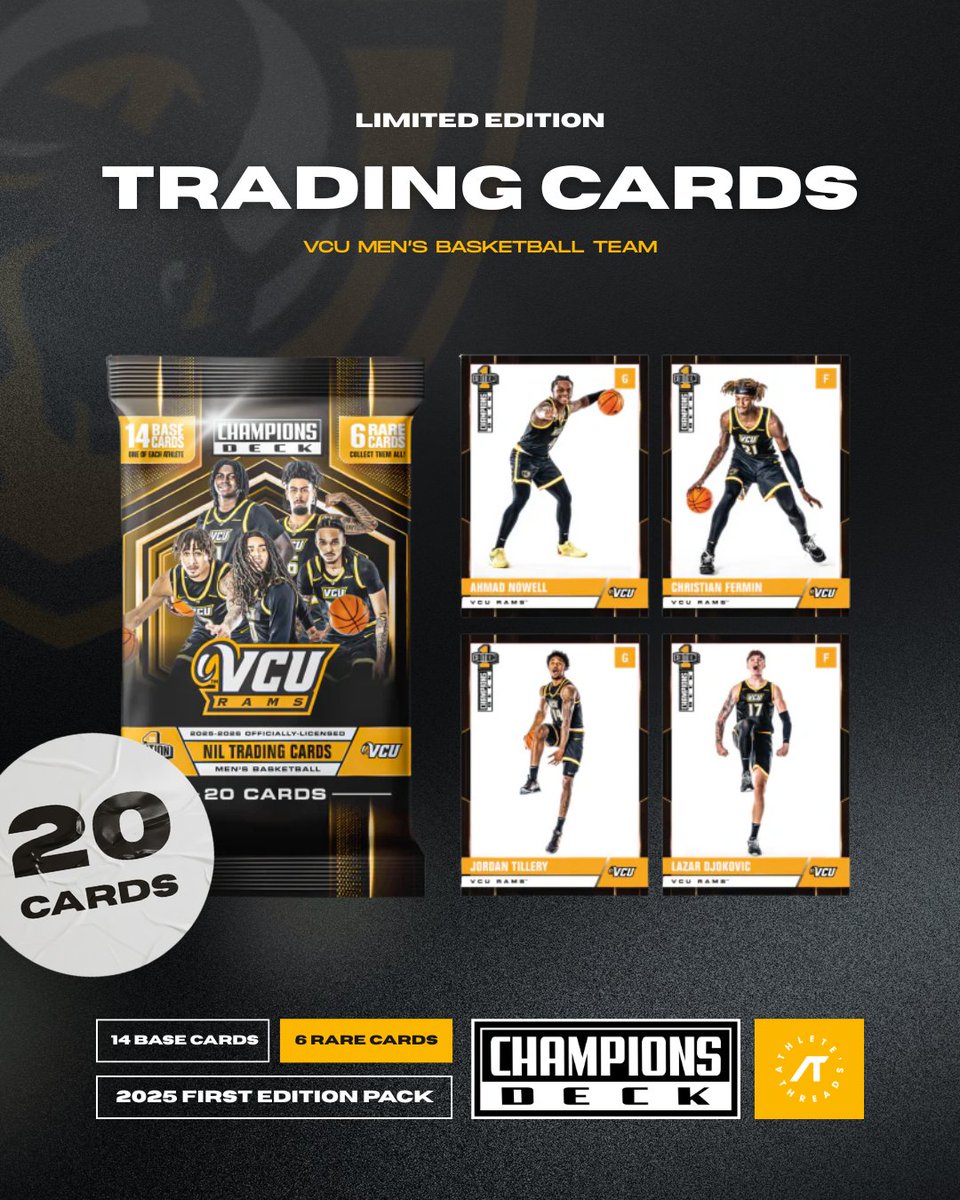 AthletesThread's tweet photo. The wait is over!
🏀Introducing the limited edition VCU men's basketball Trading Cards!

Collect your favourites from the Champions Deck and own the legacy💪

🔥2025 First Edition Pack🔥 @VCUAthletics https://t.co/ckTPy0HcV0