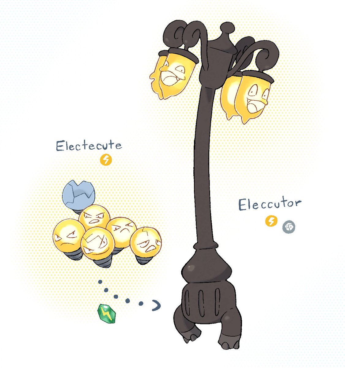 cadiadex's tweet image. Convergent Exeggcute line ⚡️

Electecute &amp;amp; Eleccutor, based on lightbulbs and lightpoles!

#fakemon #Pokemon