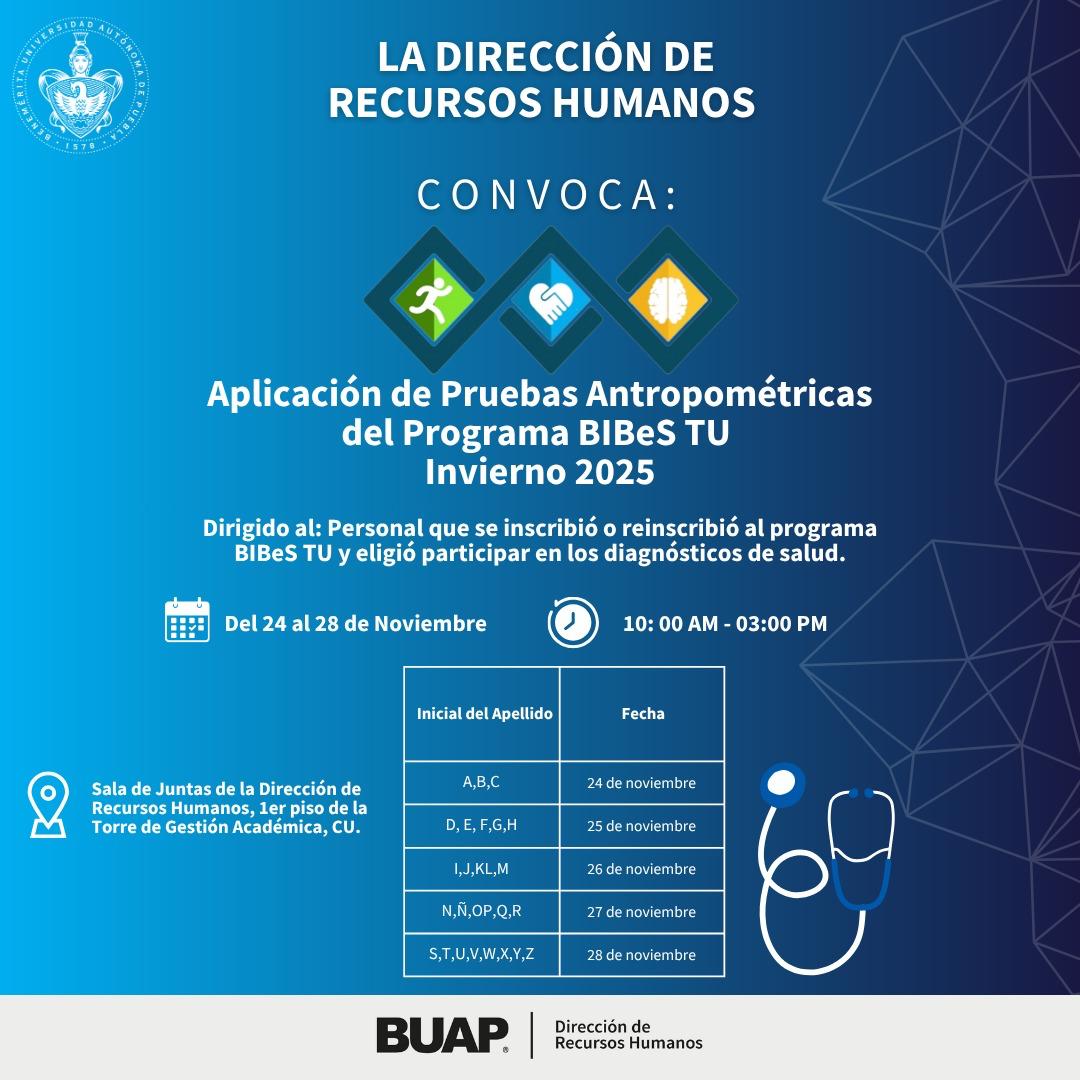 DRHBUAP's tweet image. ¡Atención personal académico y administrativo!
¡Llegan las Pruebas Antropométricas BIBeS TU!

Del 24 al 28 de noviembre, de 10:00 a 3:00 p.m., te esperamos en la aplicación de pruebas, conoce más sobre tu estado físico y bienestar.

¡Recuerda que en el BIBeS TU, vives tú! 💪✨
