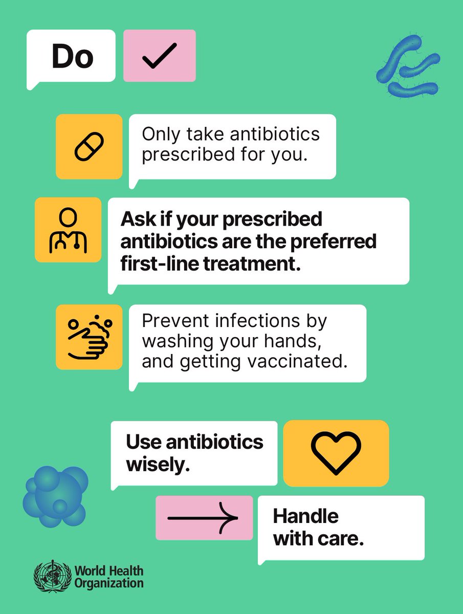 UN's tweet image. Misusing antibiotics is dangerous and can lead to Antimicrobial Resistance (AMR) — when bacteria, viruses, fungi and parasites no longer respond to medicines.

More from @WHO during this World AMR Awareness Week: who.int/campaigns/worl…