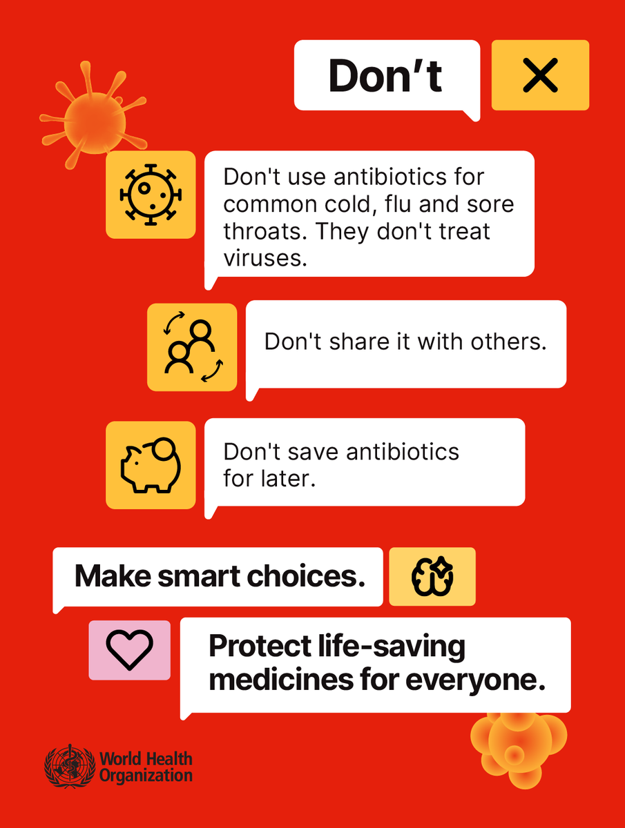 UN's tweet image. Misusing antibiotics is dangerous and can lead to Antimicrobial Resistance (AMR) — when bacteria, viruses, fungi and parasites no longer respond to medicines.

More from @WHO during this World AMR Awareness Week: who.int/campaigns/worl…